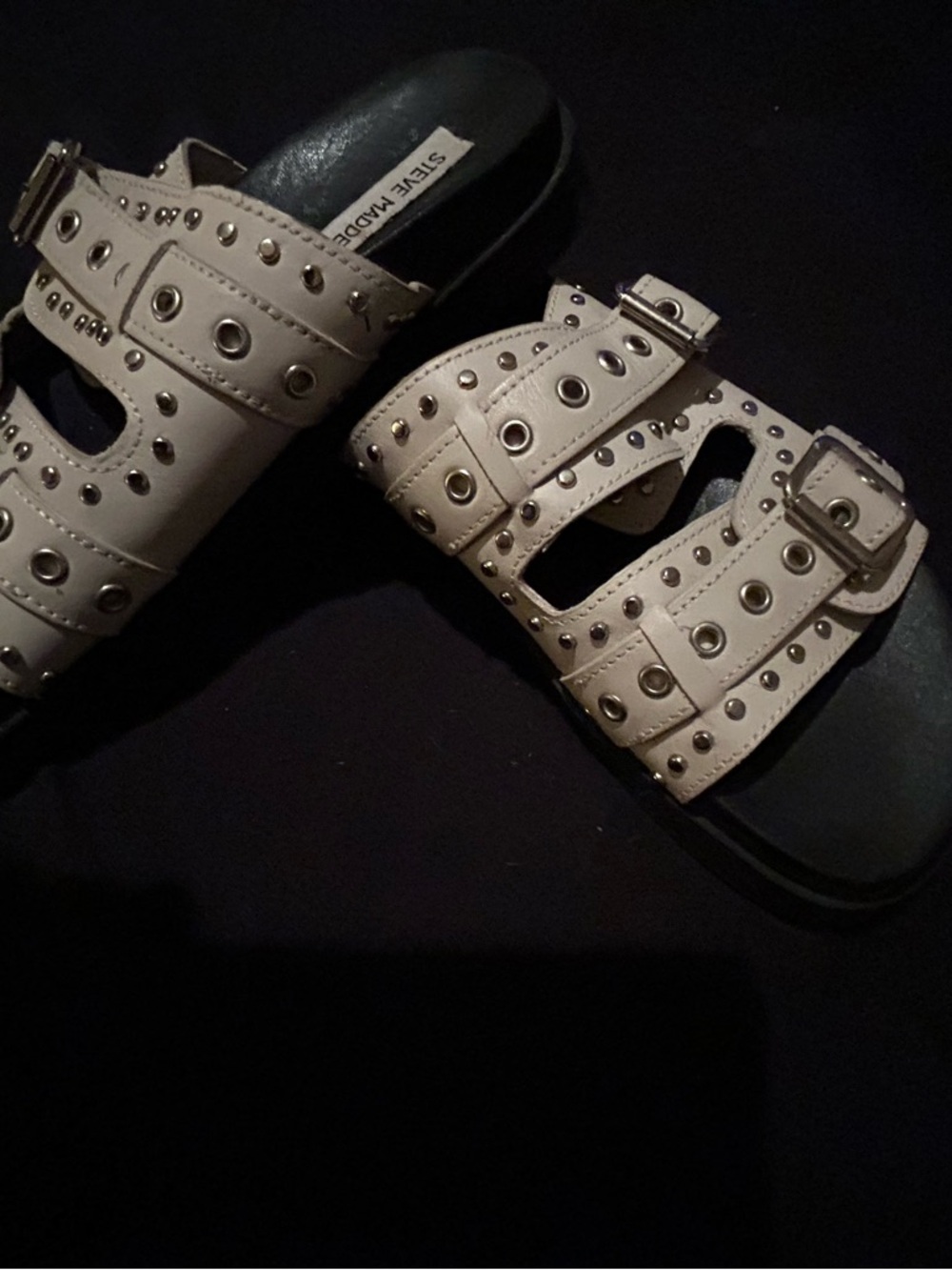 Steve Madden Beige Studded Double Buckle Slide Sandals - Picture 4 of 6